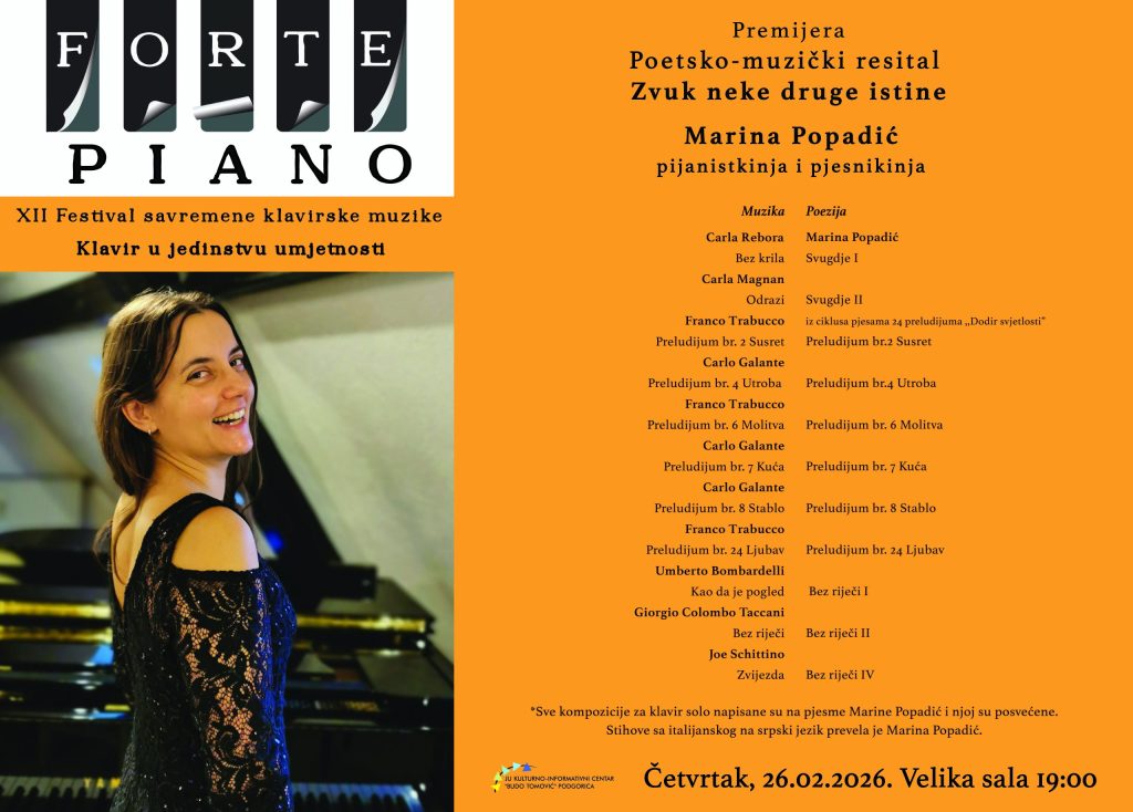 XII Festival savremene klavirske muzike FORTE PIANO – Poetsko-muzički recital Marine Popadić  „Zvuk neke druge istine”