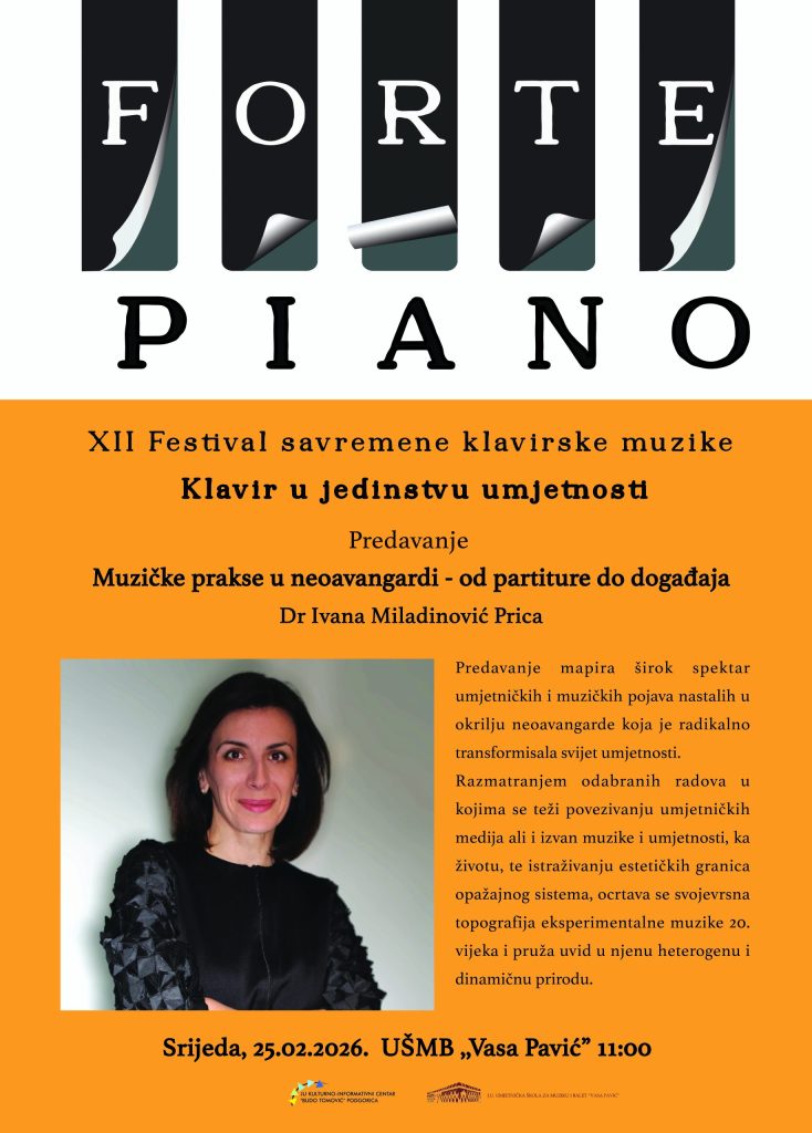 XII Festival savremene klavirske muzike FORTE PIANO – Predavanje : Muzičke prakse u neoavangardi – od partiture do događaja  Ivane Miladinović Prica
