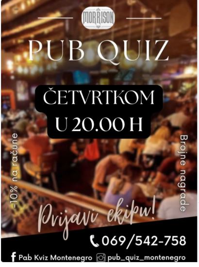 PUB KVIZ četvrtkom u ,,Morrison Pub"-u🎤🧠🎶❓🎉🍻💥