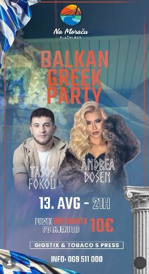 Grčko veče 13.avgusta na “NA MORAČU”🌊🎶🇬🇷🎤🥃🌴🕺🍽️💃🥏💥🎶🏛️💙