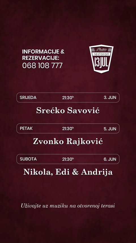 Live Music Week at Restaurant “13. Jul – Plantaže” ✨🥂🎶💫🍷