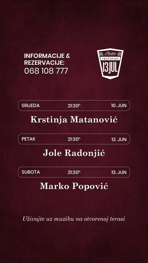 Live Music Week at Restaurant “13. Jul – Plantaže” ✨🥂🎶💫🍷