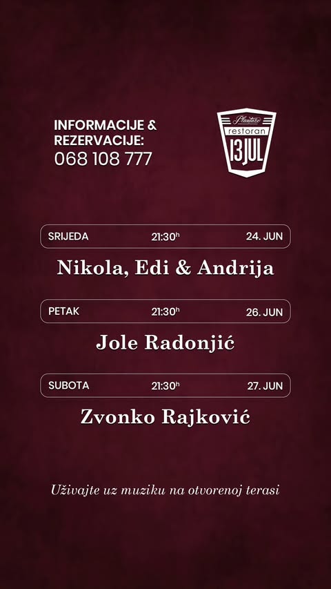 Live Music Week at Restaurant “13. Jul – Plantaže” ✨🥂🎶💫🍷