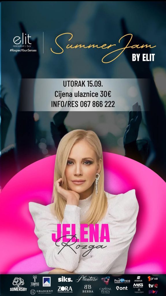 Summer Jam Festival: Jelena Rozga LIVE on September 15th at the "Elit" Restaurant! 🎤✨🎶