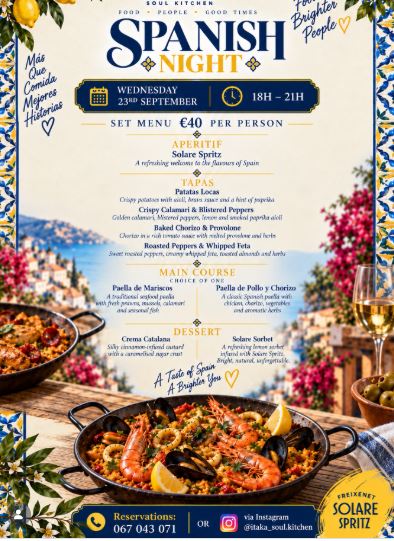 Spanish Night on September 23rd at Mediterranean restaurant “Soul Kitchen Itaka” 🇪🇸💃🥘🍹✨