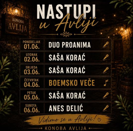 Boemsko veče 4.juna u konobi ,,Avlija🎶🍷🎤✨❤️