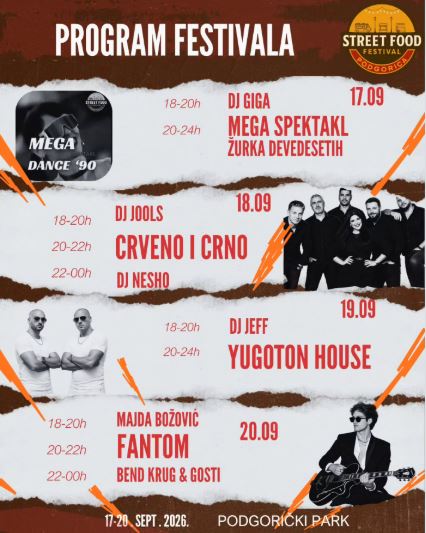 Street Food Festival🍝🍕🍔Muzički program 17.-20.septembar🎤🥳🎵Podgorički park🌳